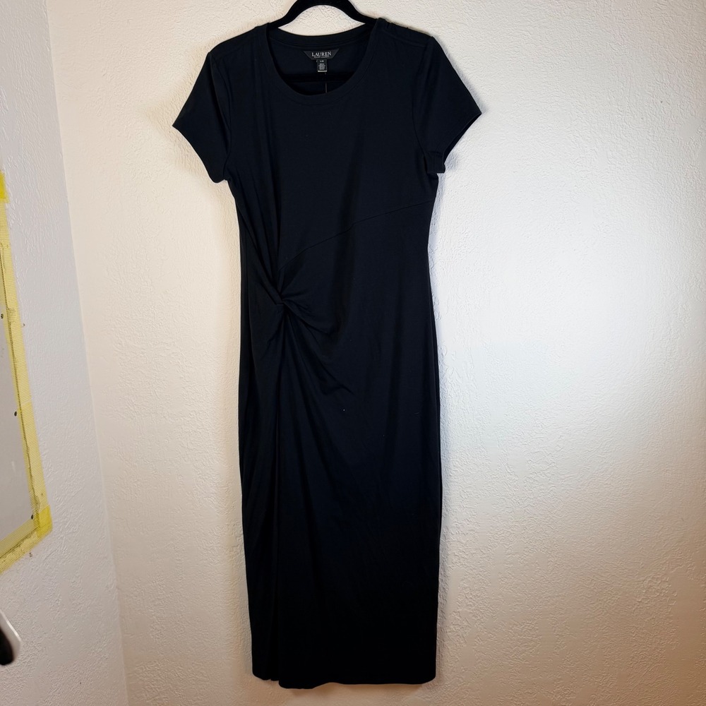 NEW Ralph Lauren Wimens L Black Twist Front Midi Dress Short Sleeve Cotton Modal